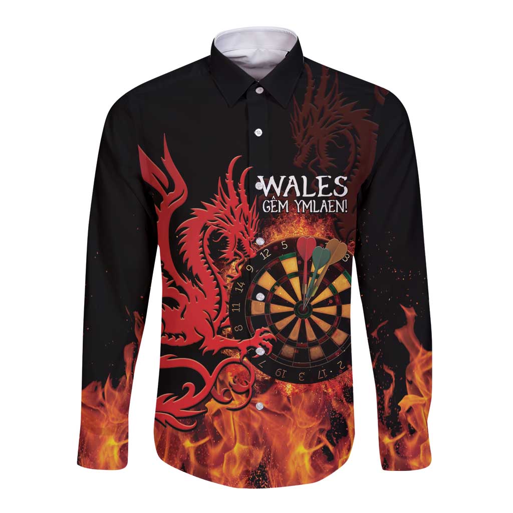 Wales Darts Long Sleeve Button Shirt Cymru Dragon Gem Ymlaen Flaming Vibes - Wonder Print Shop
