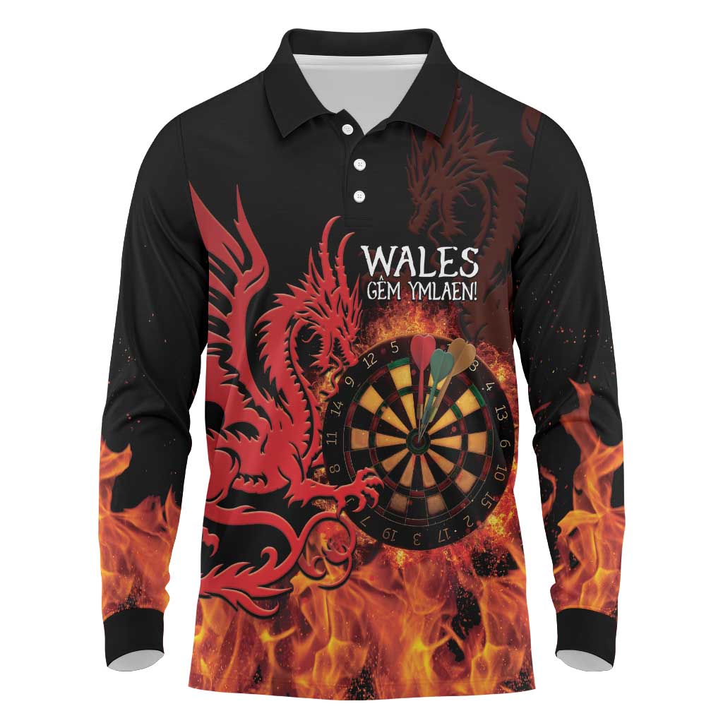 Wales Darts Long Sleeve Polo Shirt Cymru Dragon Gem Ymlaen Flaming Vibes - Wonder Print Shop
