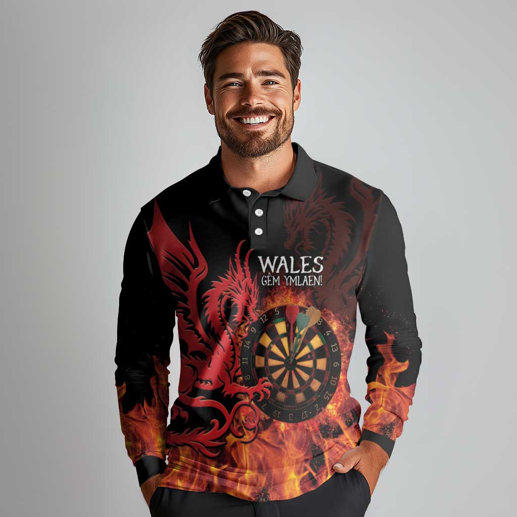 Wales Darts Long Sleeve Polo Shirt Cymru Dragon Gem Ymlaen Flaming Vibes - Wonder Print Shop