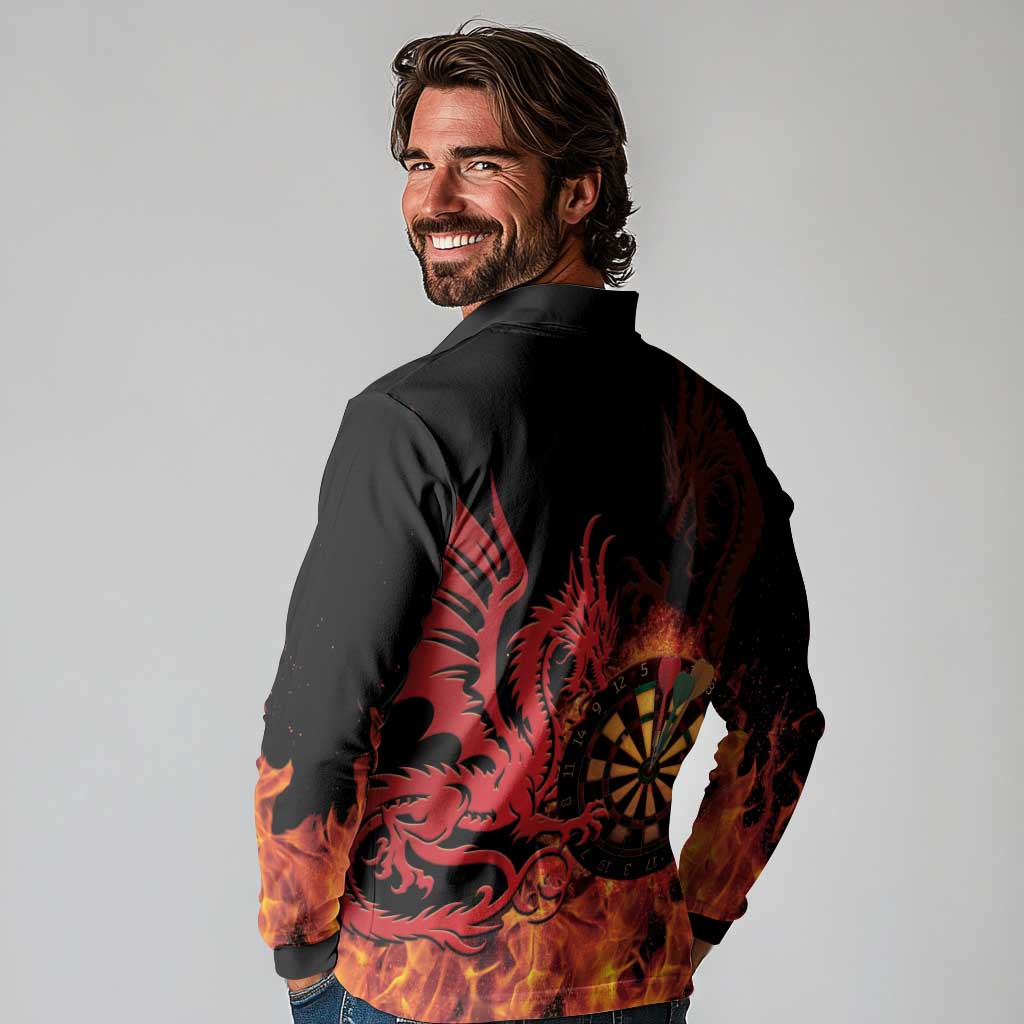 Wales Darts Long Sleeve Polo Shirt Cymru Dragon Gem Ymlaen Flaming Vibes - Wonder Print Shop