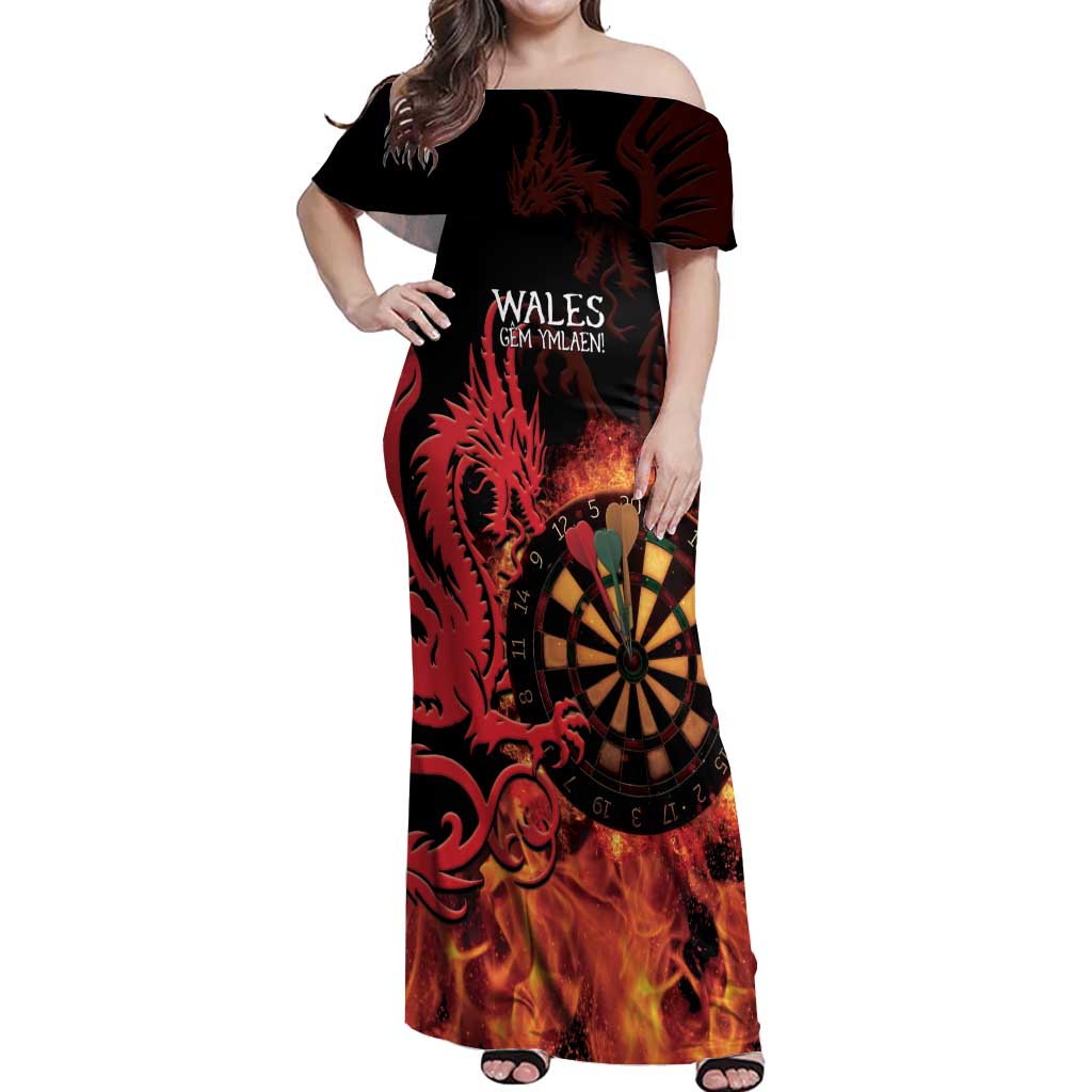Wales Darts Off Shoulder Maxi Dress Cymru Dragon Gem Ymlaen Flaming Vibes - Wonder Print Shop
