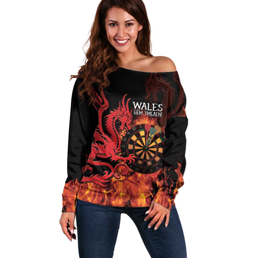 Wales Darts Off Shoulder Sweater Cymru Dragon Gem Ymlaen Flaming Vibes - Wonder Print Shop