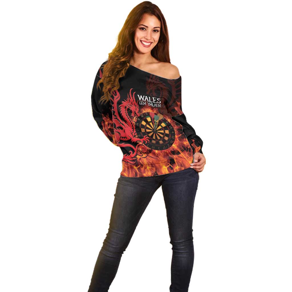 Wales Darts Off Shoulder Sweater Cymru Dragon Gem Ymlaen Flaming Vibes - Wonder Print Shop