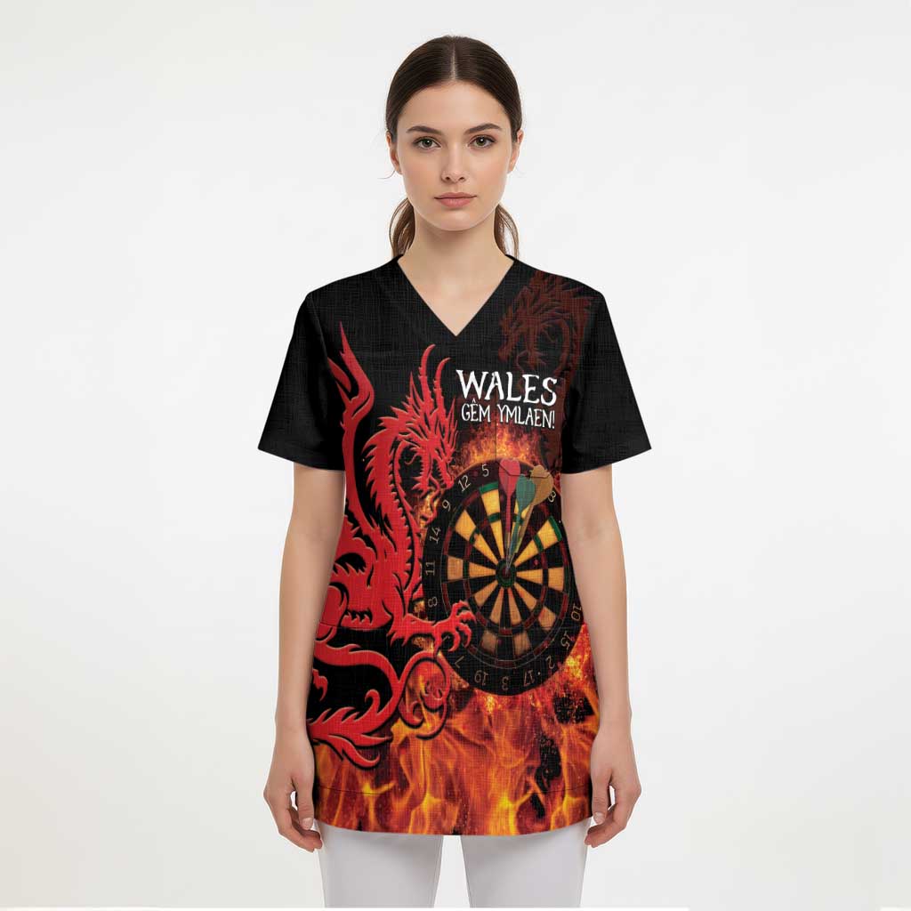 Wales Darts Scrub Top Cymru Dragon Gem Ymlaen Flaming Vibes - Wonder Print Shop