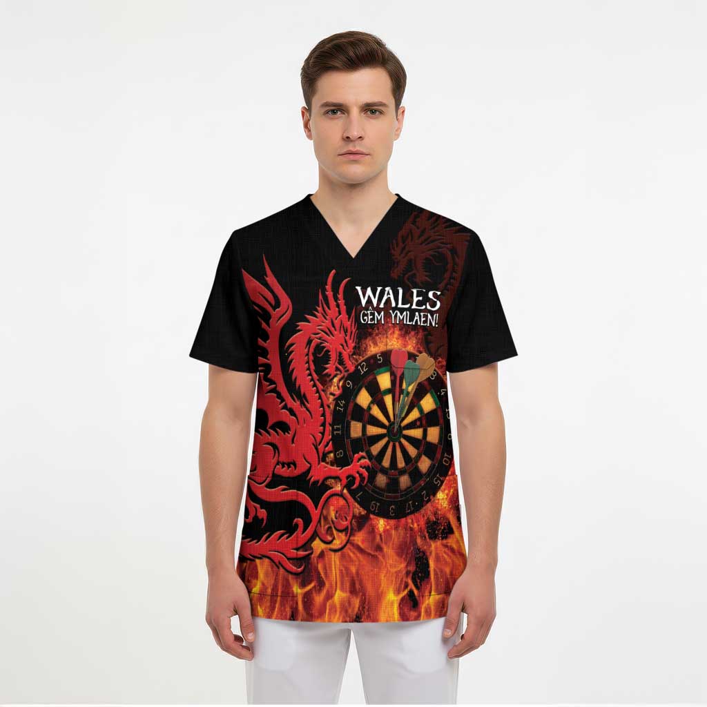 Wales Darts Scrub Top Cymru Dragon Gem Ymlaen Flaming Vibes - Wonder Print Shop