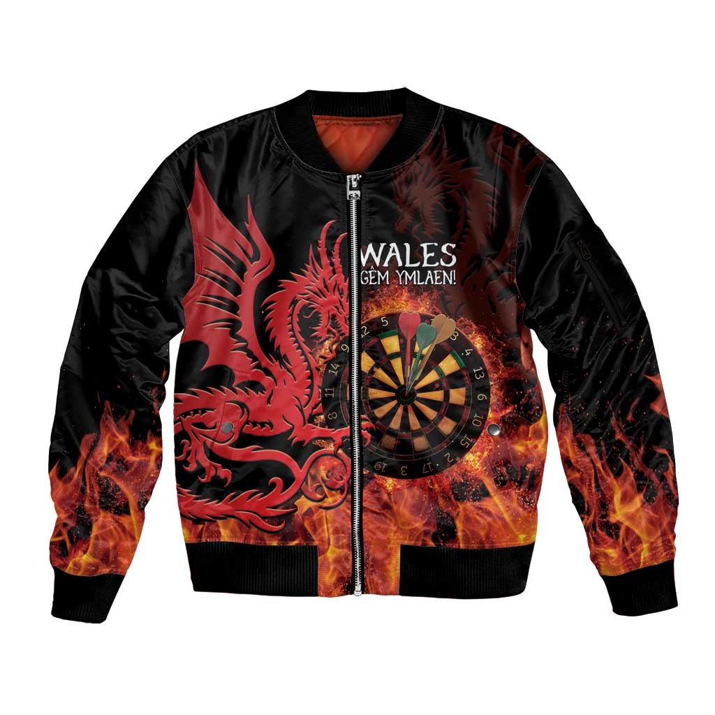 Wales Darts Sleeve Zip Bomber Jacket Cymru Dragon Gem Ymlaen Flaming Vibes - Wonder Print Shop