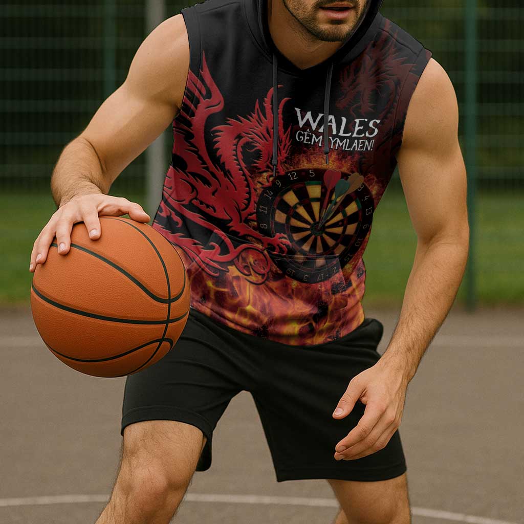 Wales Darts Sleeveless Hoodie Cymru Dragon Gem Ymlaen Flaming Vibes - Wonder Print Shop