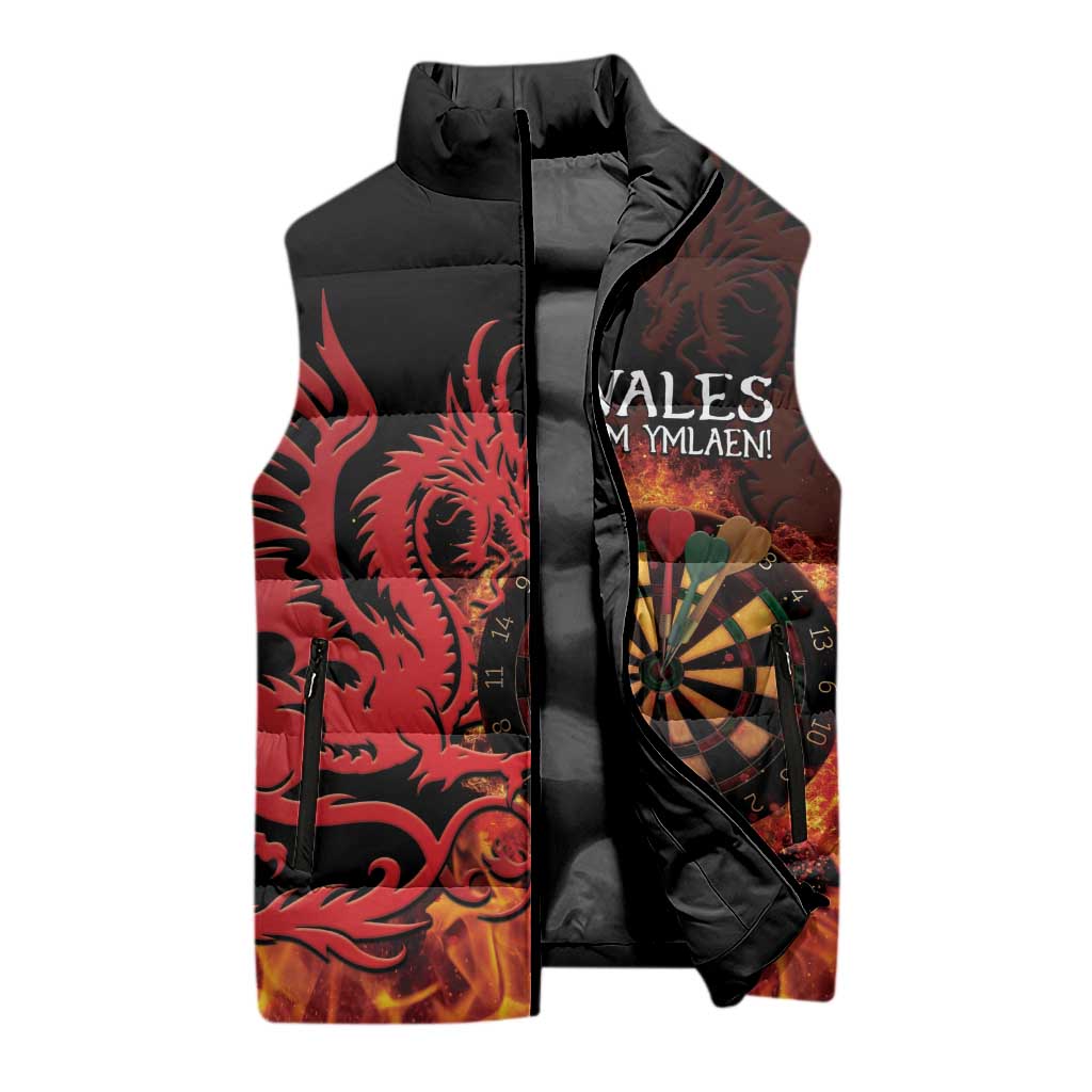 Wales Darts Sleeveless Puffer Jacket Cymru Dragon Gem Ymlaen Flaming Vibes - Wonder Print Shop