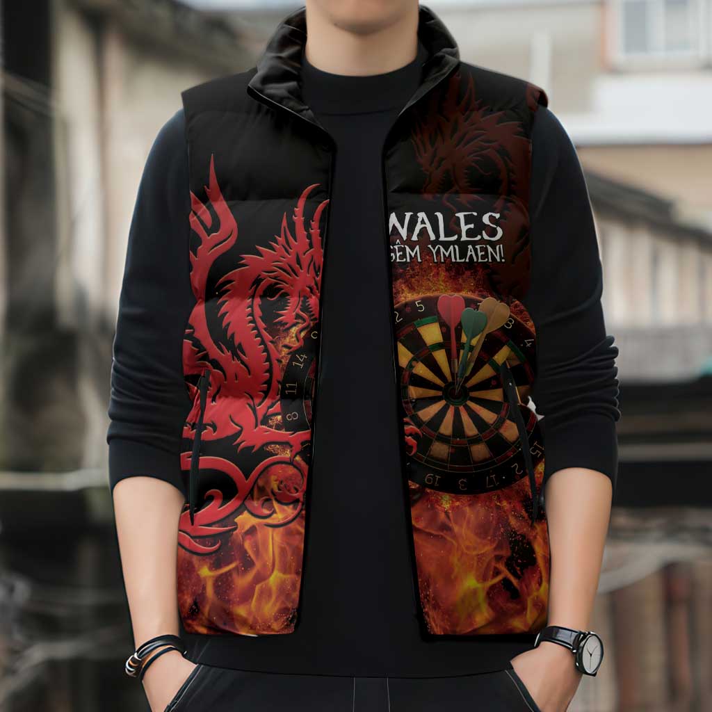 Wales Darts Sleeveless Puffer Jacket Cymru Dragon Gem Ymlaen Flaming Vibes - Wonder Print Shop