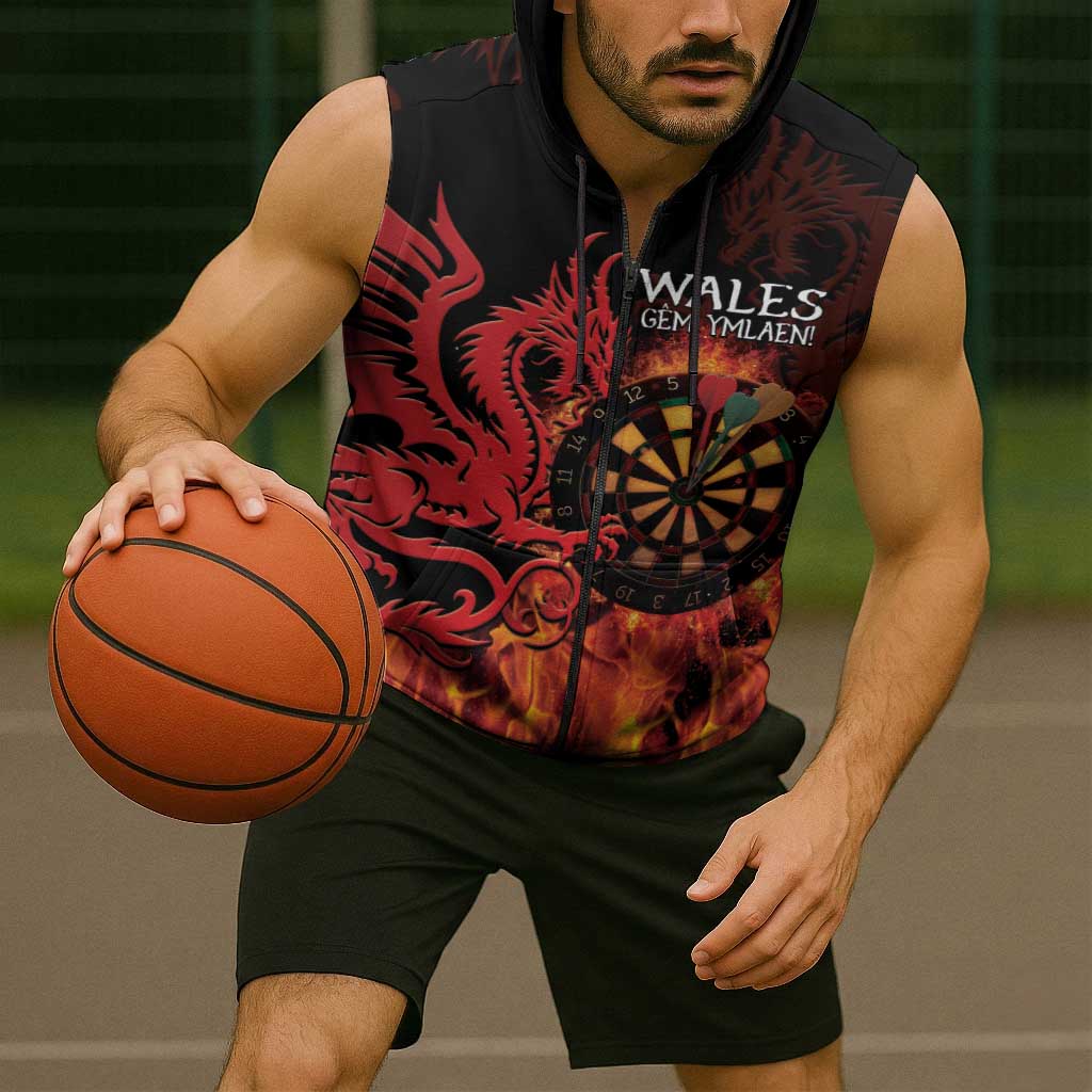 Wales Darts Sleeveless Zip Hoodie Cymru Dragon Gem Ymlaen Flaming Vibes - Wonder Print Shop