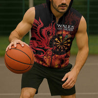 Wales Darts Sleeveless Zip Hoodie Cymru Dragon Gem Ymlaen Flaming Vibes - Wonder Print Shop