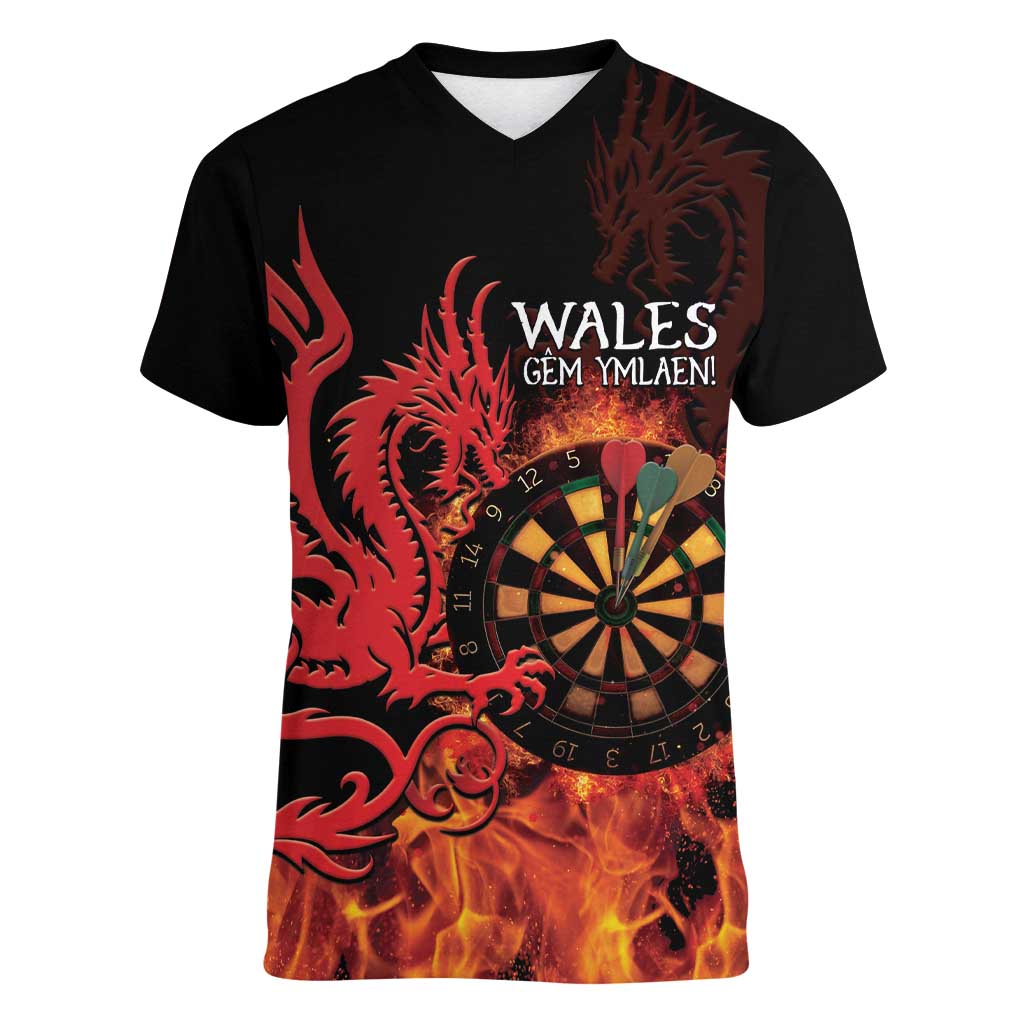 Wales Darts Women V-Neck T-Shirt Cymru Dragon Gem Ymlaen Flaming Vibes - Wonder Print Shop