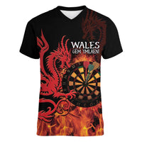 Wales Darts Women V-Neck T-Shirt Cymru Dragon Gem Ymlaen Flaming Vibes - Wonder Print Shop