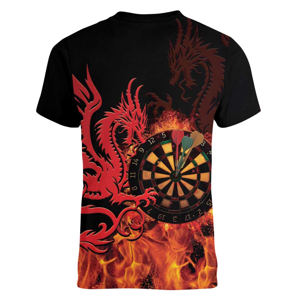 Wales Darts Women V-Neck T-Shirt Cymru Dragon Gem Ymlaen Flaming Vibes - Wonder Print Shop
