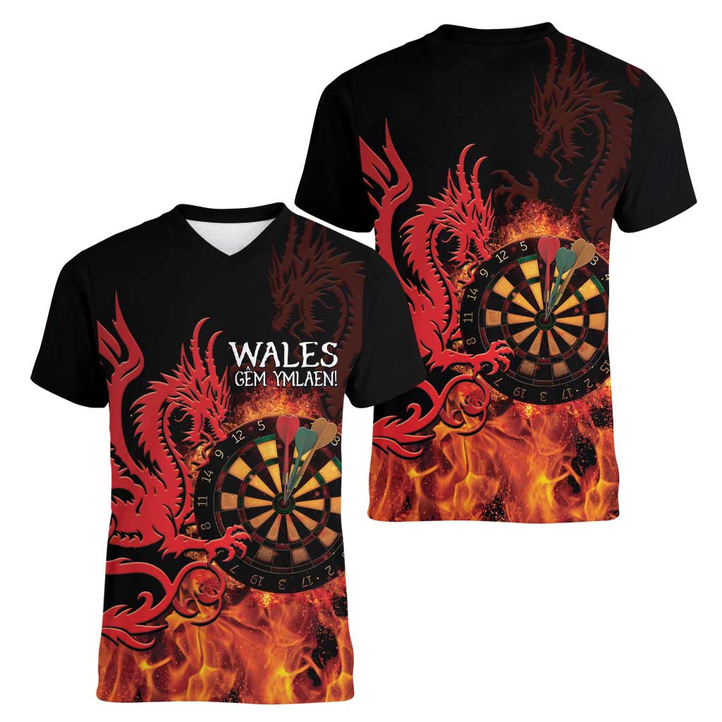 Wales Darts Women V-Neck T-Shirt Cymru Dragon Gem Ymlaen Flaming Vibes - Wonder Print Shop
