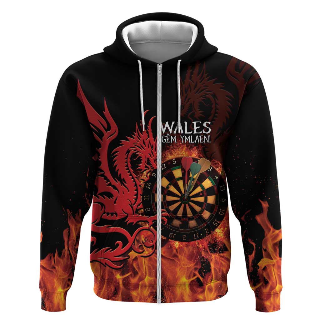 Wales Darts Zip Hoodie Cymru Dragon Gem Ymlaen Flaming Vibes - Wonder Print Shop