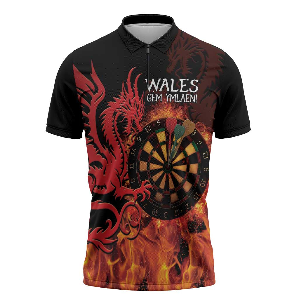 Wales Darts Zipper Polo Shirt Cymru Dragon Gem Ymlaen Flaming Vibes - Wonder Print Shop