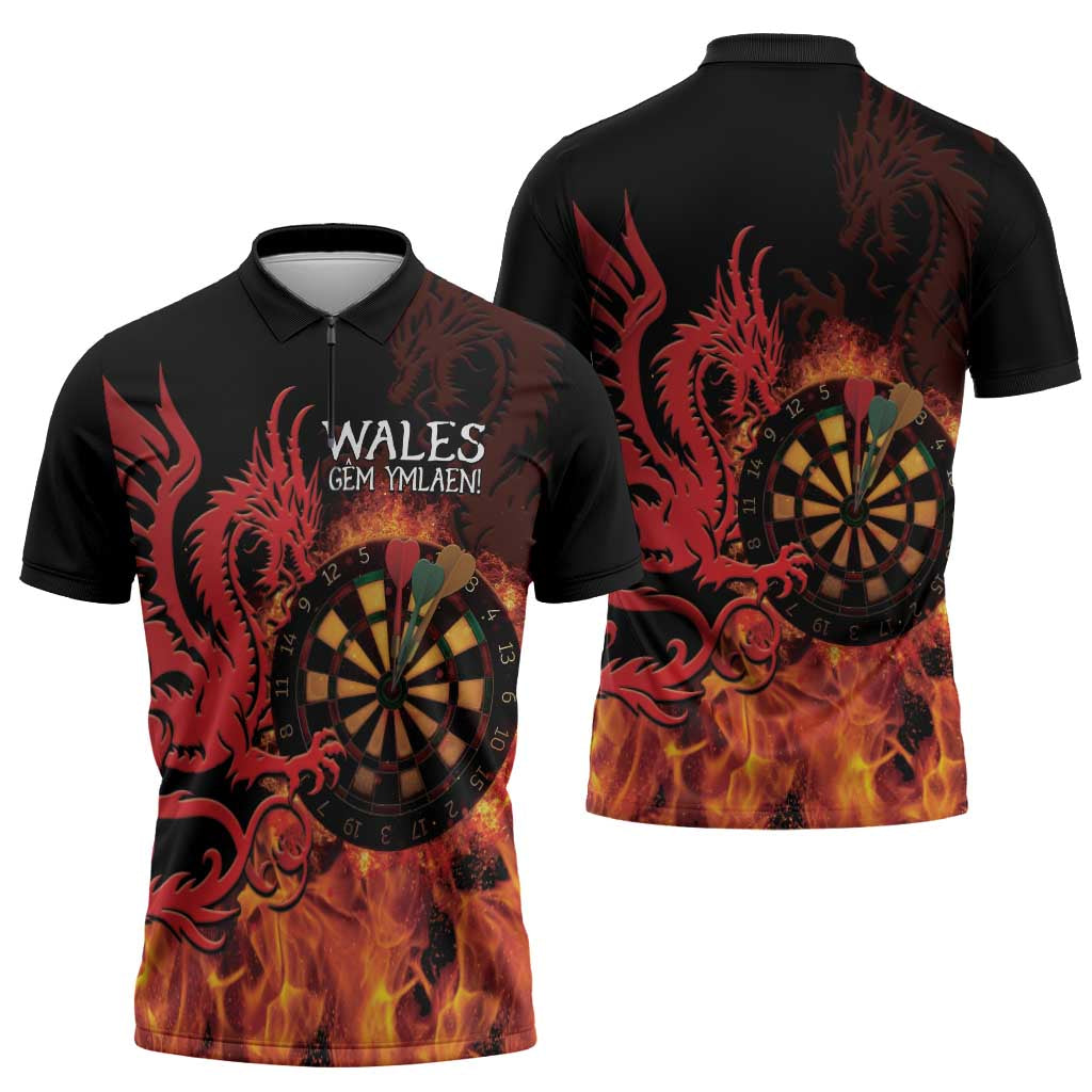Wales Darts Zipper Polo Shirt Cymru Dragon Gem Ymlaen Flaming Vibes - Wonder Print Shop
