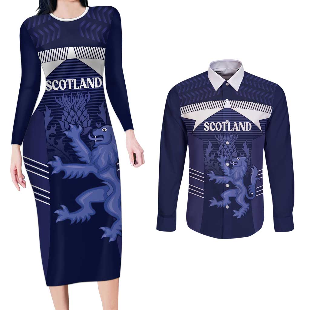 Scotland Football Custom Couples Matching Long Sleeve Bodycon Dress and Long Sleeve Button Shirt 2026 Come On Scottish Dragon Thistle - Wonder Print Shop