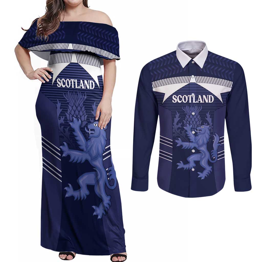 Scotland Football Custom Couples Matching Off Shoulder Maxi Dress and Long Sleeve Button Shirt 2026 Come On Scottish Dragon Thistle - Wonder Print Shop