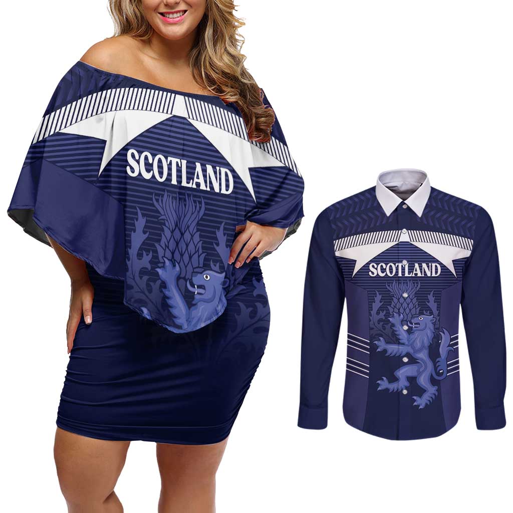 Scotland Football Custom Couples Matching Off Shoulder Short Dress and Long Sleeve Button Shirt 2026 Come On Scottish Dragon Thistle - Wonder Print Shop