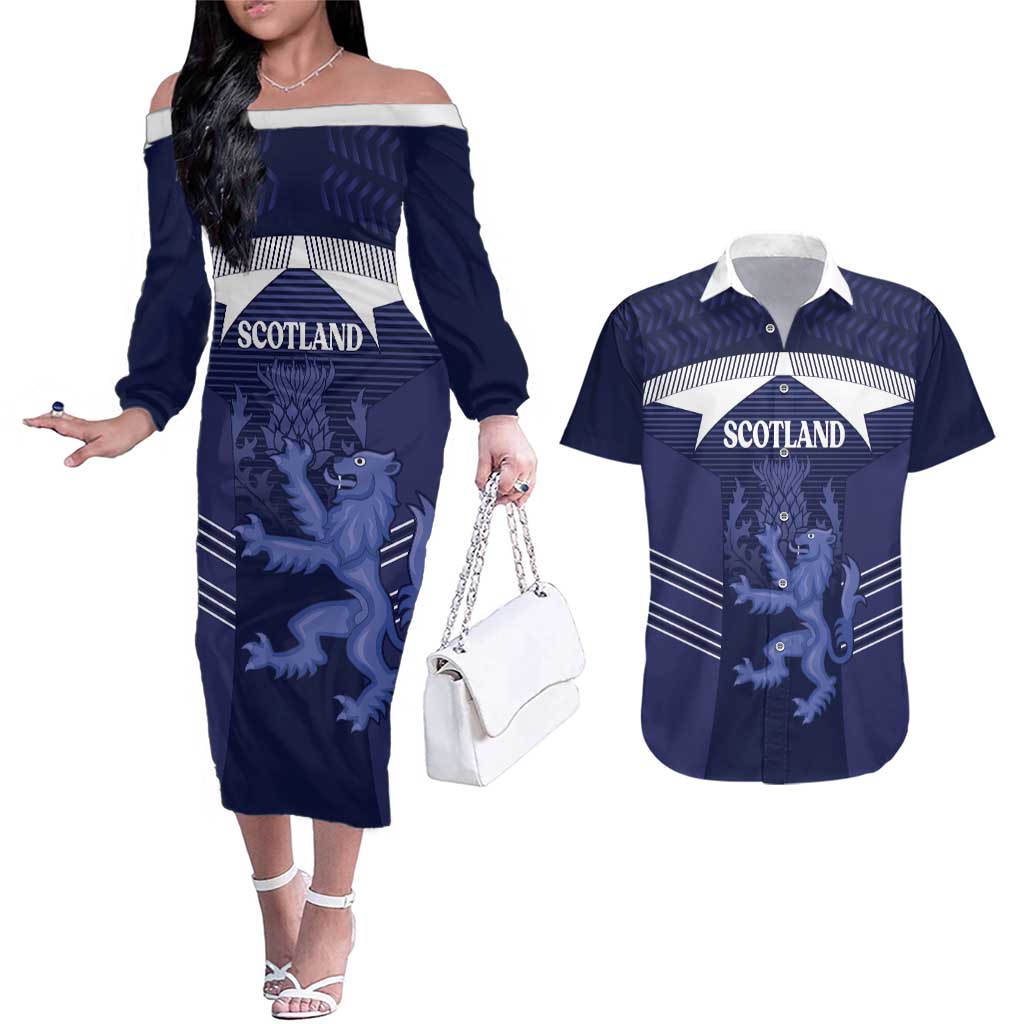 Scotland Football Custom Couples Matching Off The Shoulder Long Sleeve Dress and Hawaiian Shirt 2026 Come On Scottish Dragon Thistle - Wonder Print Shop