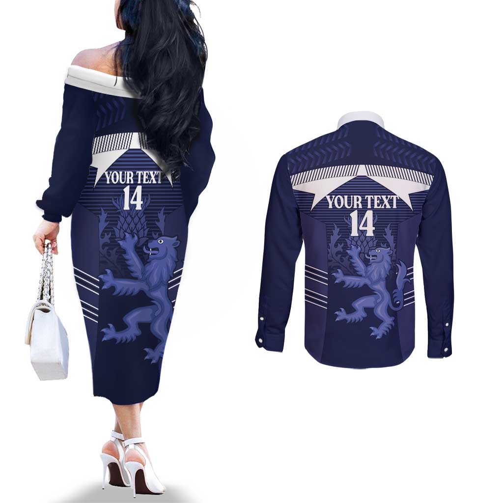 Scotland Football Custom Couples Matching Off The Shoulder Long Sleeve Dress and Long Sleeve Button Shirt 2026 Come On Scottish Dragon Thistle - Wonder Print Shop