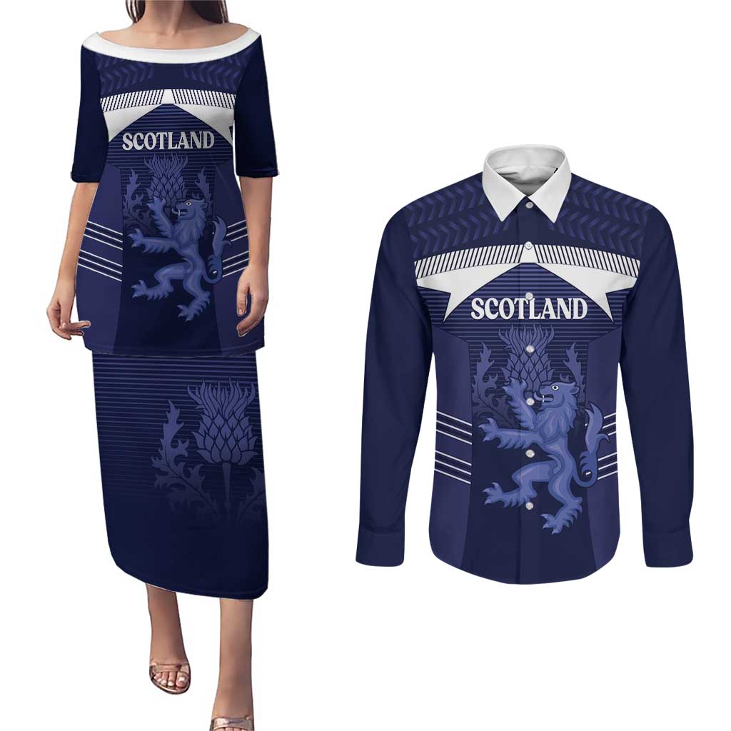 Scotland Football Custom Couples Matching Puletasi and Long Sleeve Button Shirt 2026 Come On Scottish Dragon Thistle - Wonder Print Shop