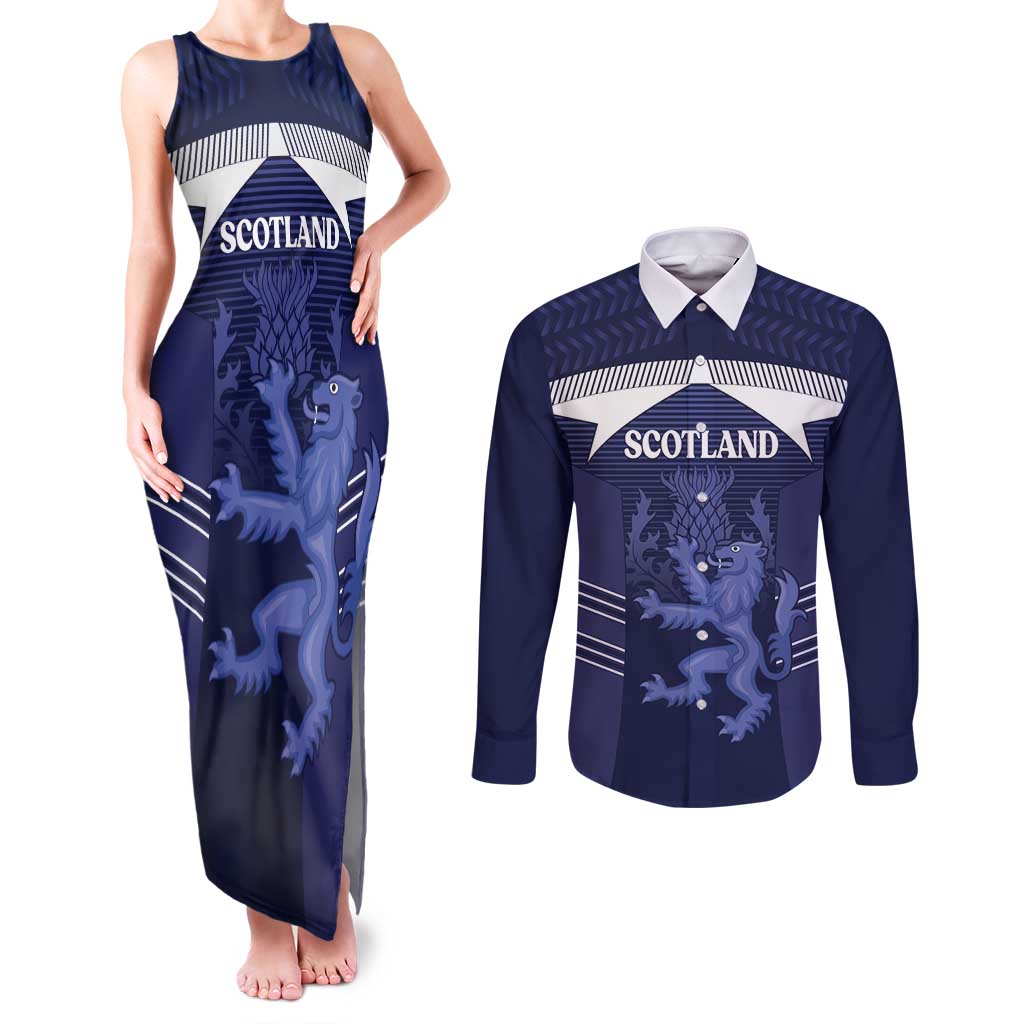 Scotland Football Custom Couples Matching Tank Maxi Dress and Long Sleeve Button Shirt 2026 Come On Scottish Dragon Thistle - Wonder Print Shop