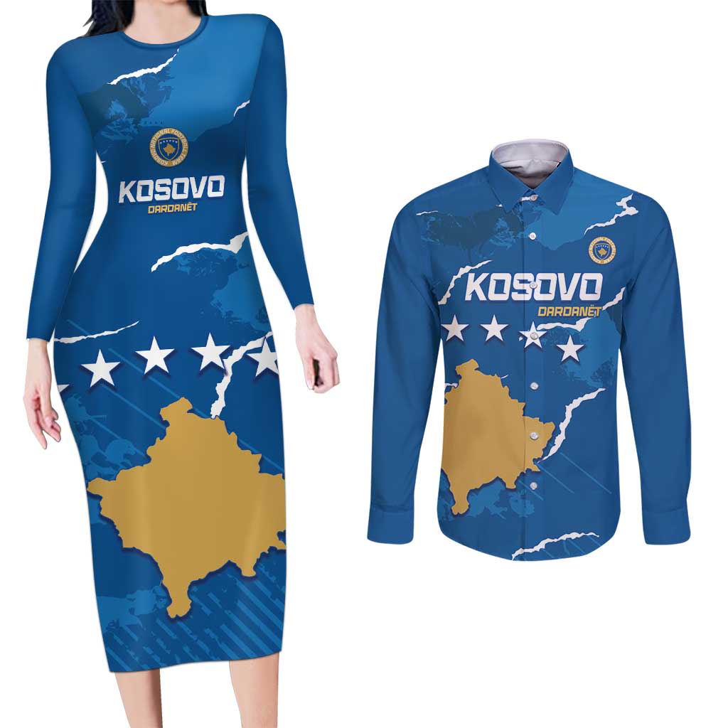 Custom Kosovo Football Couples Matching Long Sleeve Bodycon Dress and Long Sleeve Button Shirt Come On Dardanet