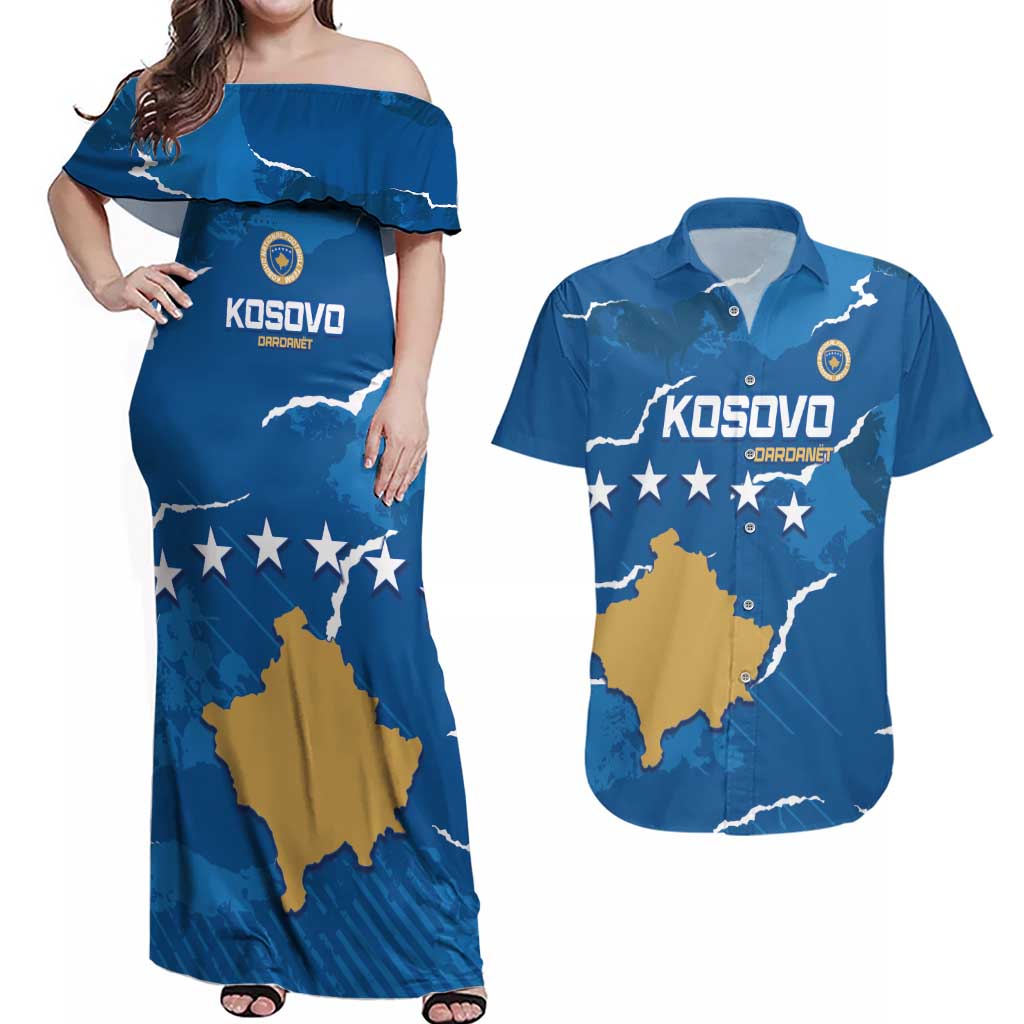Custom Kosovo Football Couples Matching Off Shoulder Maxi Dress and Hawaiian Shirt Come On Dardanet