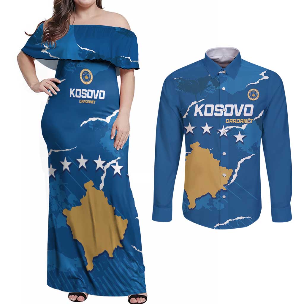 Custom Kosovo Football Couples Matching Off Shoulder Maxi Dress and Long Sleeve Button Shirt Come On Dardanet