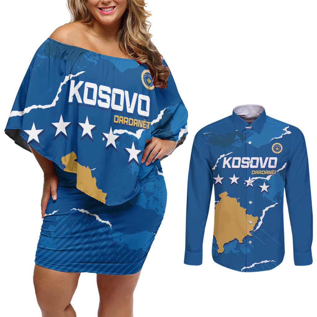 Custom Kosovo Football Couples Matching Off Shoulder Short Dress and Long Sleeve Button Shirt Come On Dardanet