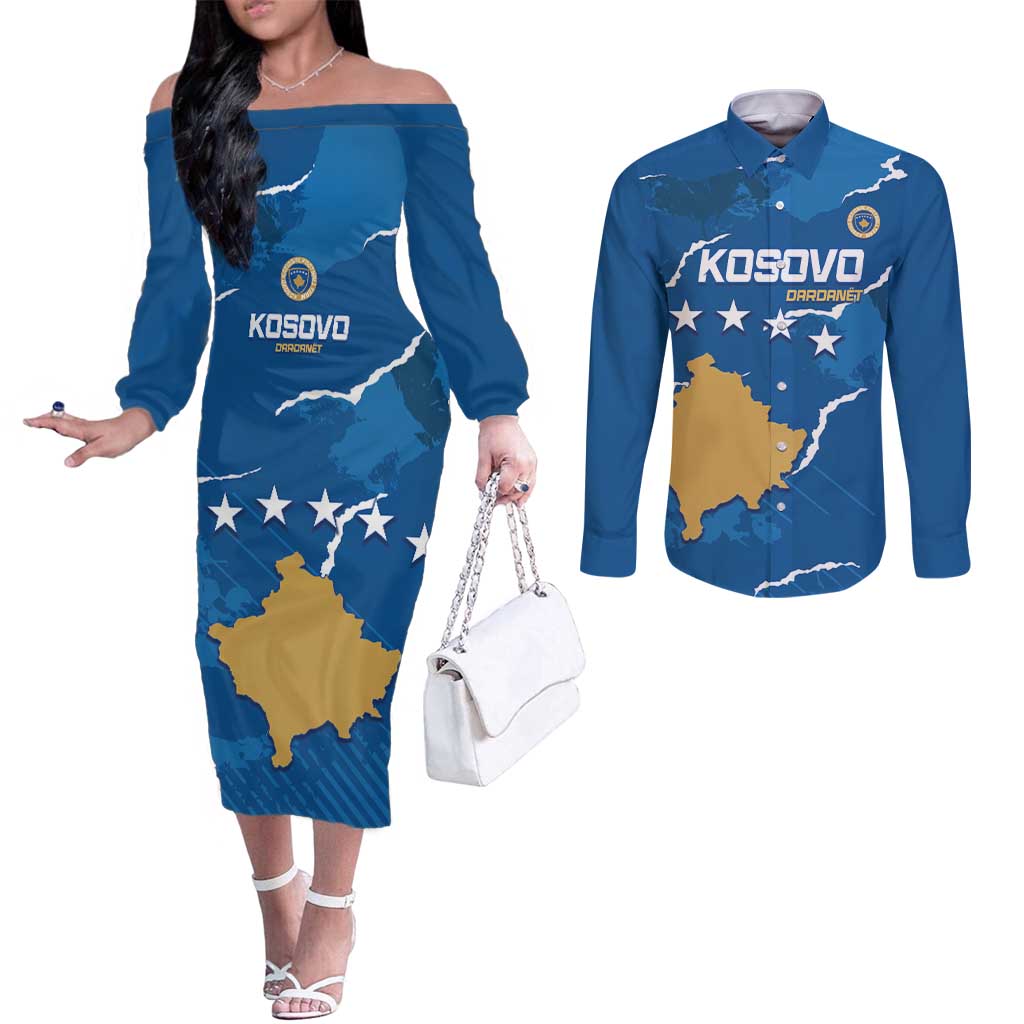 Custom Kosovo Football Couples Matching Off The Shoulder Long Sleeve Dress and Long Sleeve Button Shirt Come On Dardanet