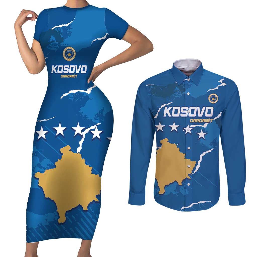 Custom Kosovo Football Couples Matching Short Sleeve Bodycon Dress and Long Sleeve Button Shirt Come On Dardanet