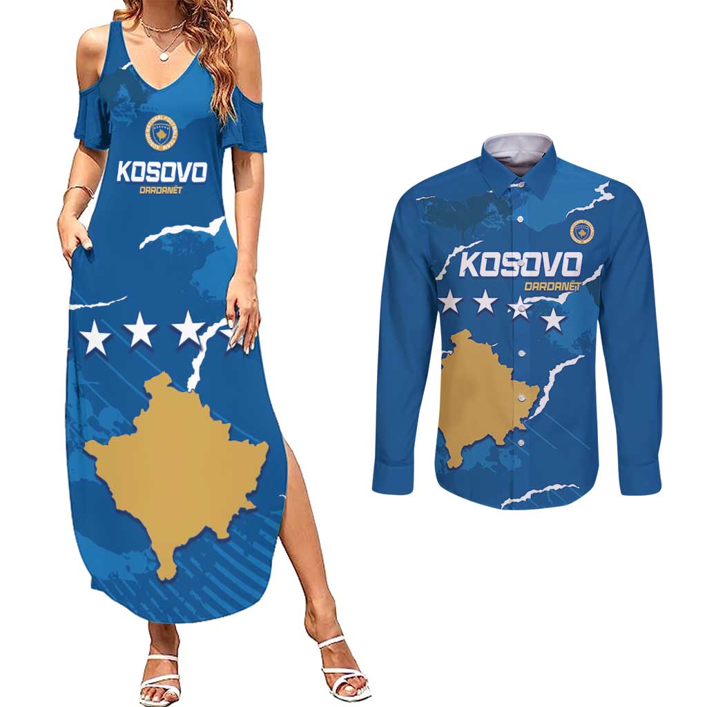 Custom Kosovo Football Couples Matching Summer Maxi Dress and Long Sleeve Button Shirt Come On Dardanet
