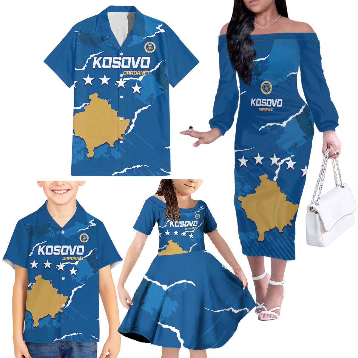 Custom Kosovo Football Family Matching Off The Shoulder Long Sleeve Dress and Hawaiian Shirt Come On Dardanet