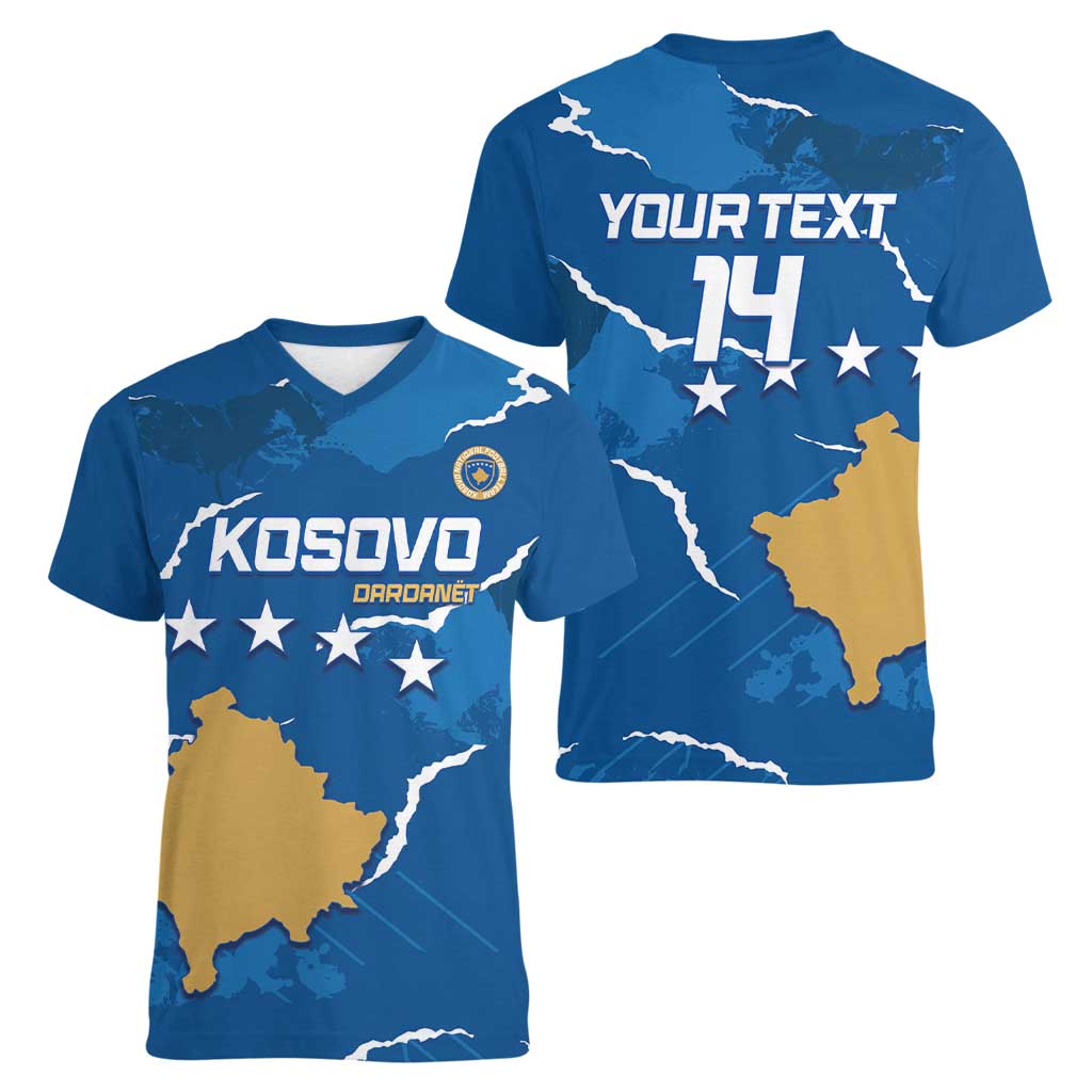 Custom Kosovo Football Women V-Neck T-Shirt Come On Dardanet