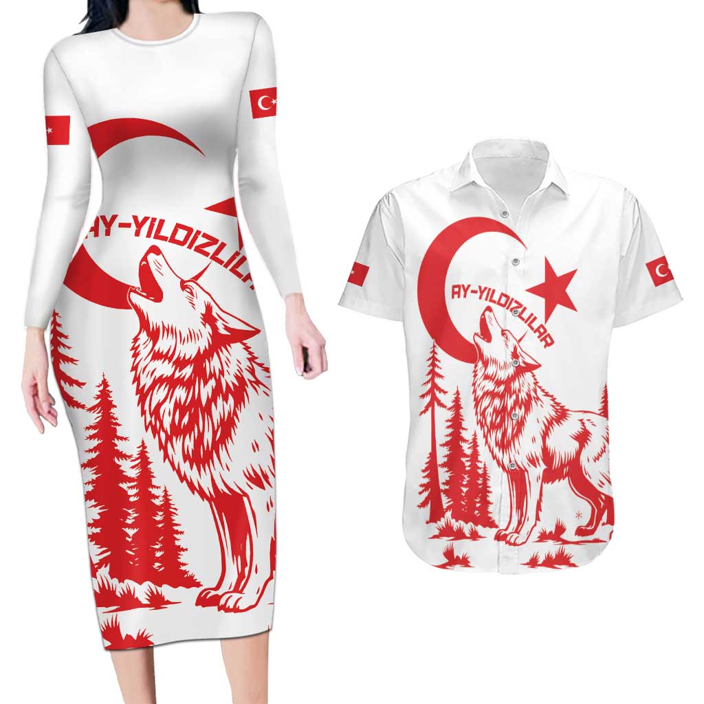 Custom Turkey Football Couples Matching Long Sleeve Bodycon Dress and Hawaiian Shirt Turkyie Wolf With Crescent-Stars