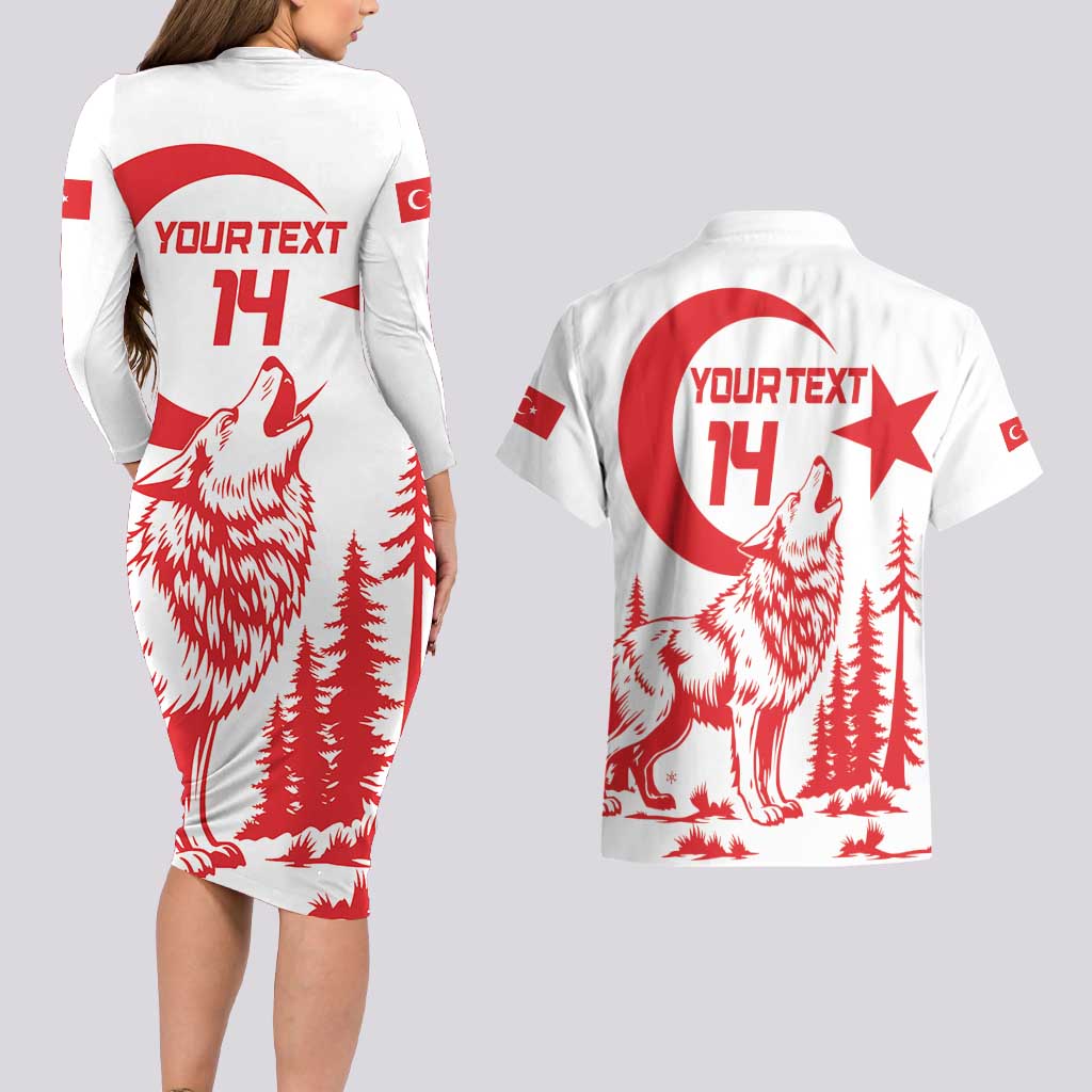 Custom Turkey Football Couples Matching Long Sleeve Bodycon Dress and Hawaiian Shirt Turkyie Wolf With Crescent-Stars