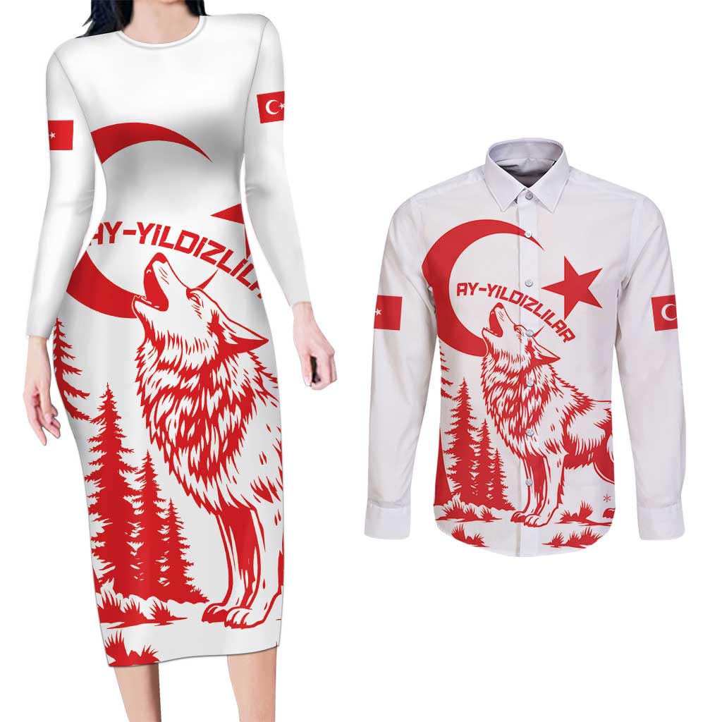 Custom Turkey Football Couples Matching Long Sleeve Bodycon Dress and Long Sleeve Button Shirt Turkyie Wolf With Crescent-Stars