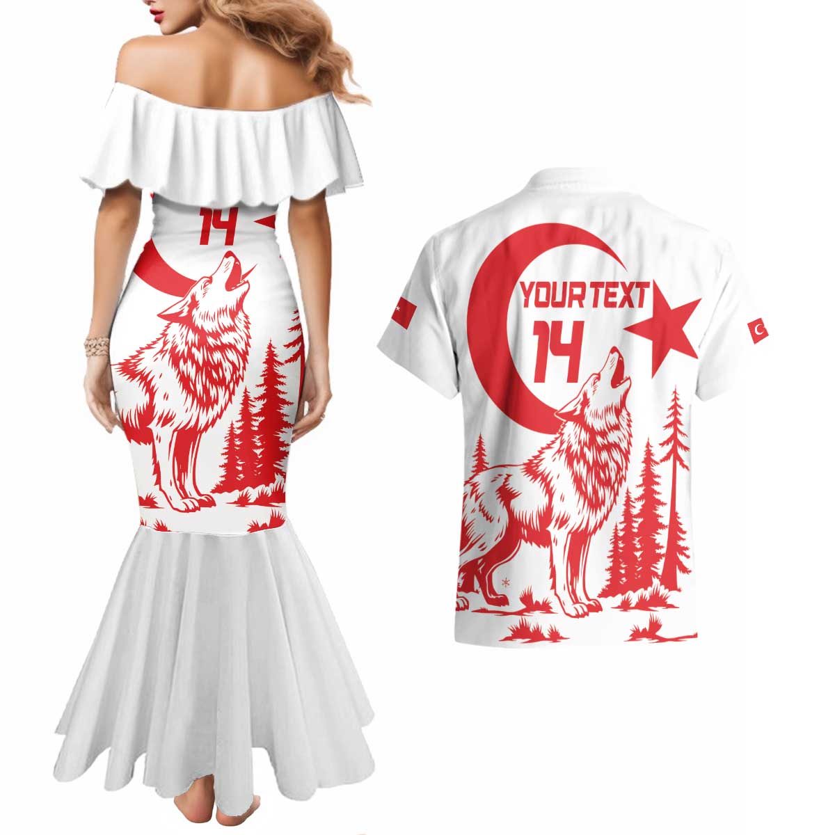 Custom Turkey Football Couples Matching Mermaid Dress and Hawaiian Shirt Turkyie Wolf With Crescent-Stars