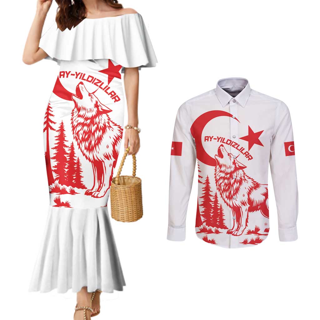 Custom Turkey Football Couples Matching Mermaid Dress and Long Sleeve Button Shirt Turkyie Wolf With Crescent-Stars