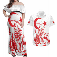 Custom Turkey Football Couples Matching Off Shoulder Maxi Dress and Hawaiian Shirt Turkyie Wolf With Crescent-Stars
