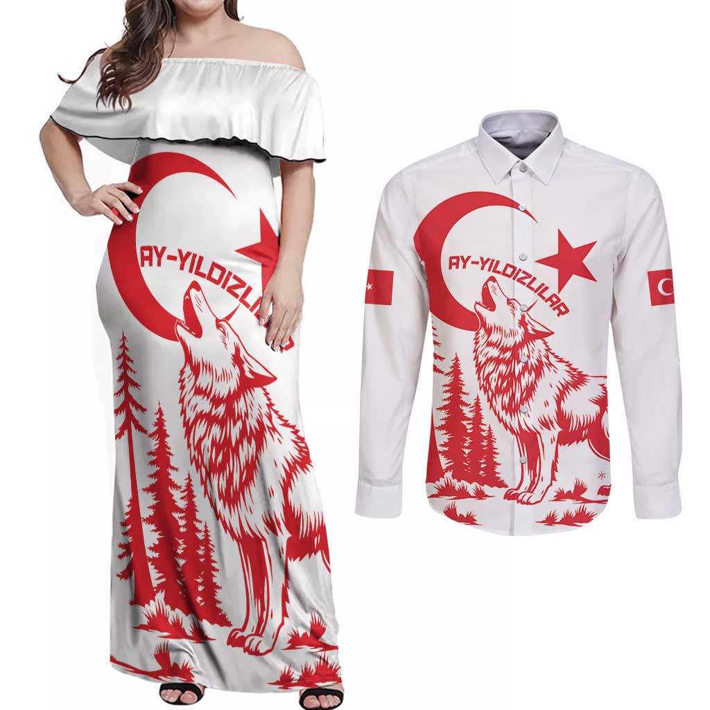 Custom Turkey Football Couples Matching Off Shoulder Maxi Dress and Long Sleeve Button Shirt Turkyie Wolf With Crescent-Stars