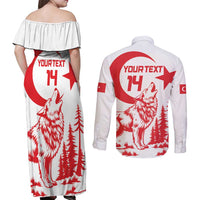 Custom Turkey Football Couples Matching Off Shoulder Maxi Dress and Long Sleeve Button Shirt Turkyie Wolf With Crescent-Stars