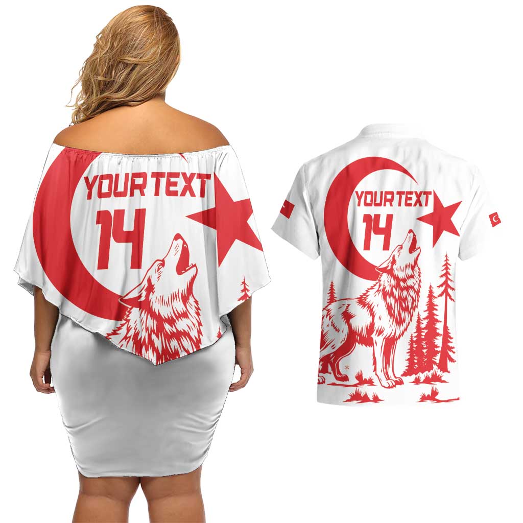 Custom Turkey Football Couples Matching Off Shoulder Short Dress and Hawaiian Shirt Turkyie Wolf With Crescent-Stars