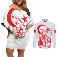 Custom Turkey Football Couples Matching Off Shoulder Short Dress and Long Sleeve Button Shirt Turkyie Wolf With Crescent-Stars