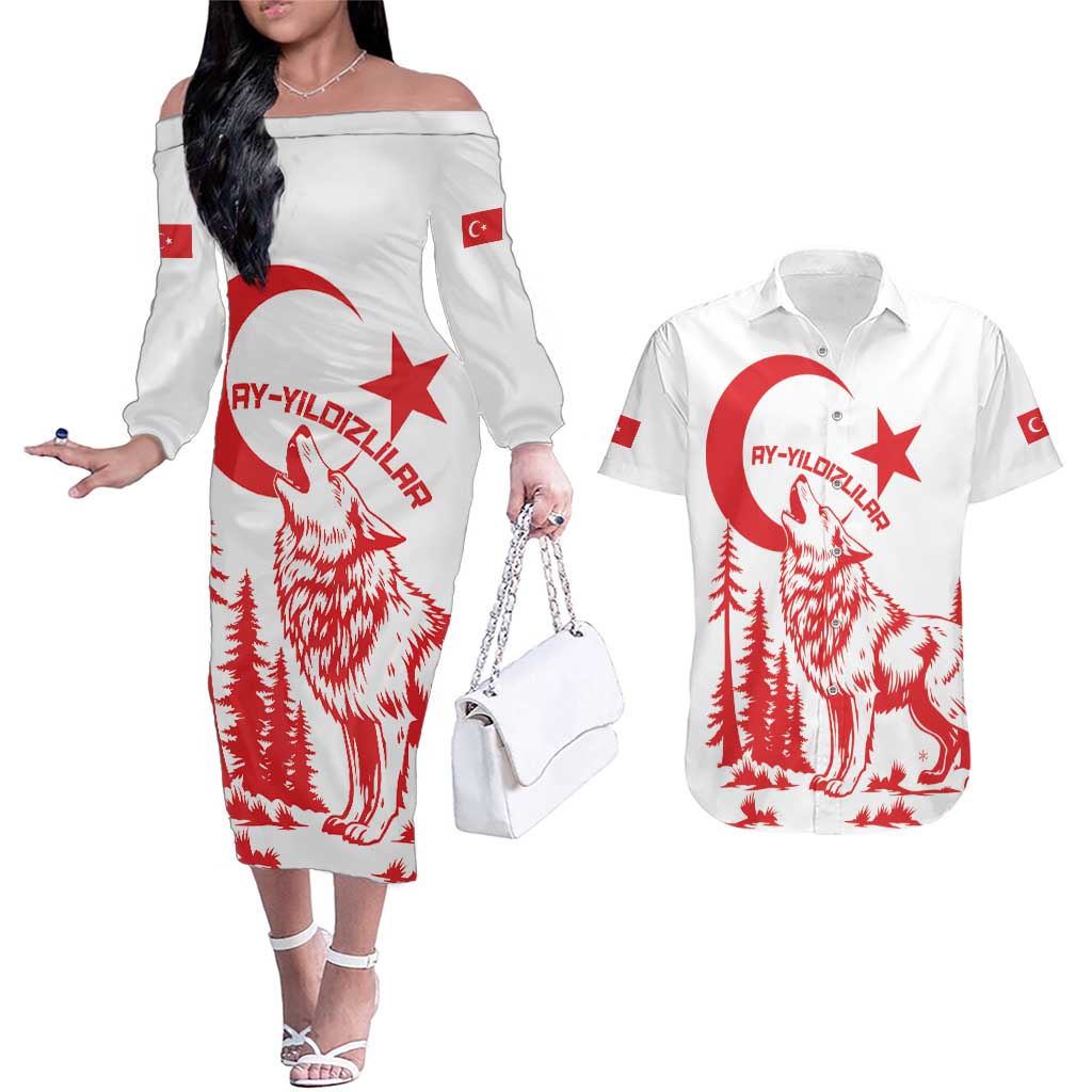 Custom Turkey Football Couples Matching Off The Shoulder Long Sleeve Dress and Hawaiian Shirt Turkyie Wolf With Crescent-Stars