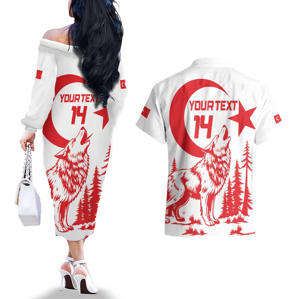Custom Turkey Football Couples Matching Off The Shoulder Long Sleeve Dress and Hawaiian Shirt Turkyie Wolf With Crescent-Stars